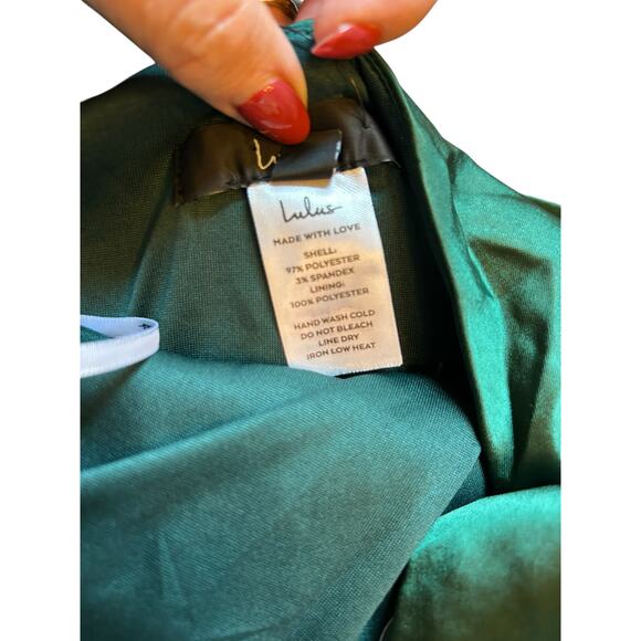 Lulus Fondly Loved Dark Green Satin Wrap Maxi Dress - Size S - Picture 12 of 16